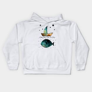 Watercolor Starry Sky, Fish and Sail Boat Kids Hoodie